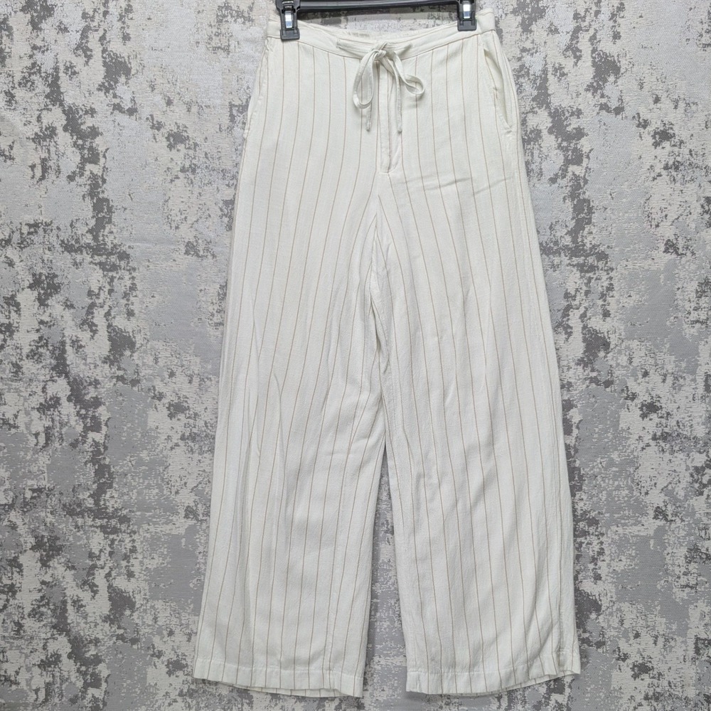 Z Supply Cream Striped Wide Leg‎ Linen Blend Pants Drawstring Waist Size M